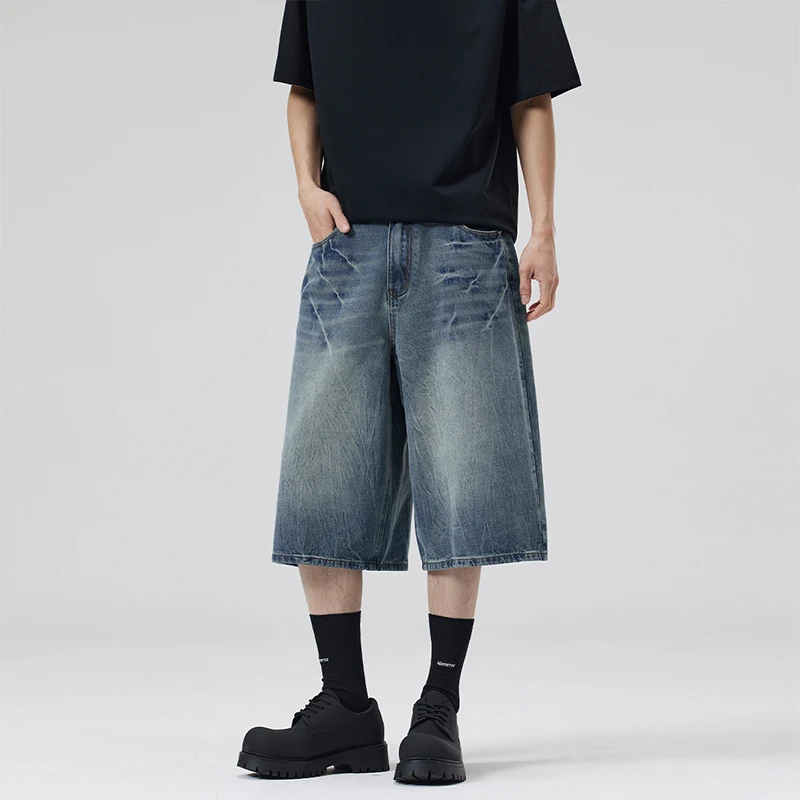 Hochwertige amerikanische Lightning-Crack-Jeans in Schwarz-Grau für Herren, gerade geschnittene, lockere, weitbeinige Shorts im Y2K-Street-Hip-Hop-Stil.