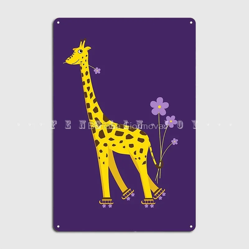 Purple Cartoon Funny Giraffe Roller Skating Poster Metal Plaque Wall Pub Pub Garage Create Mural Painting Tin Sign Poster