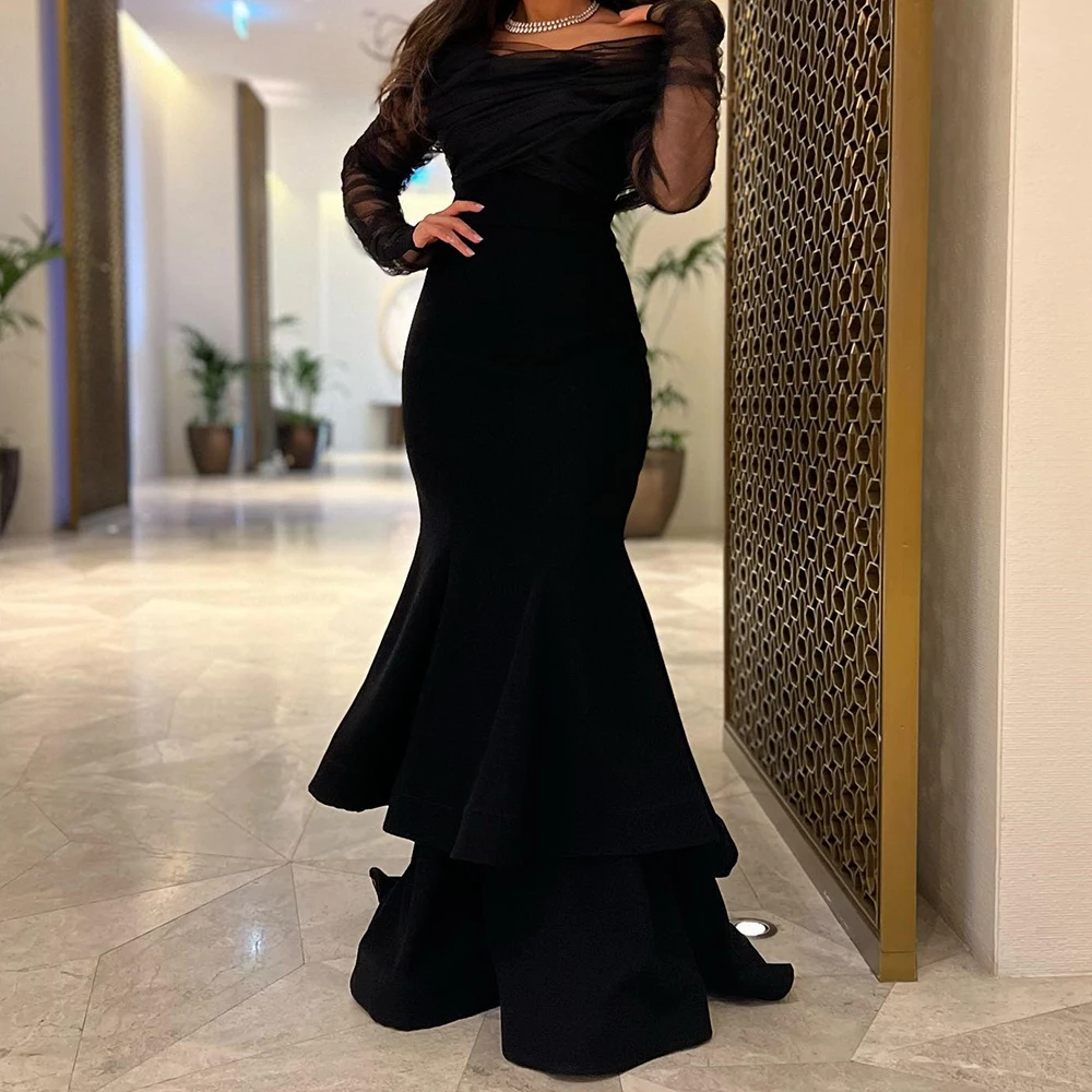 

Customized Jersey Mermaid Off the Shoulder Evening Dress Boat Neck Long Sleeves Floor Length Panel Train Black Party Gowns