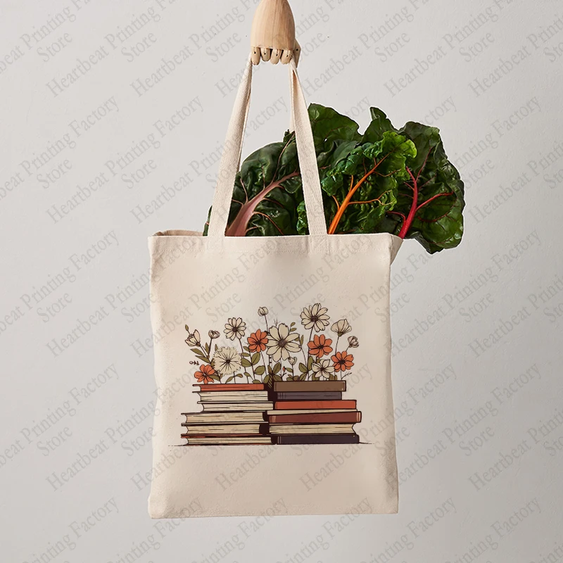 Flowers Book Pattern Tote Bag  Canvas Shoulder Bag for Daily Bookworm Book Lover Gift Women's Reusable Shopping Bag