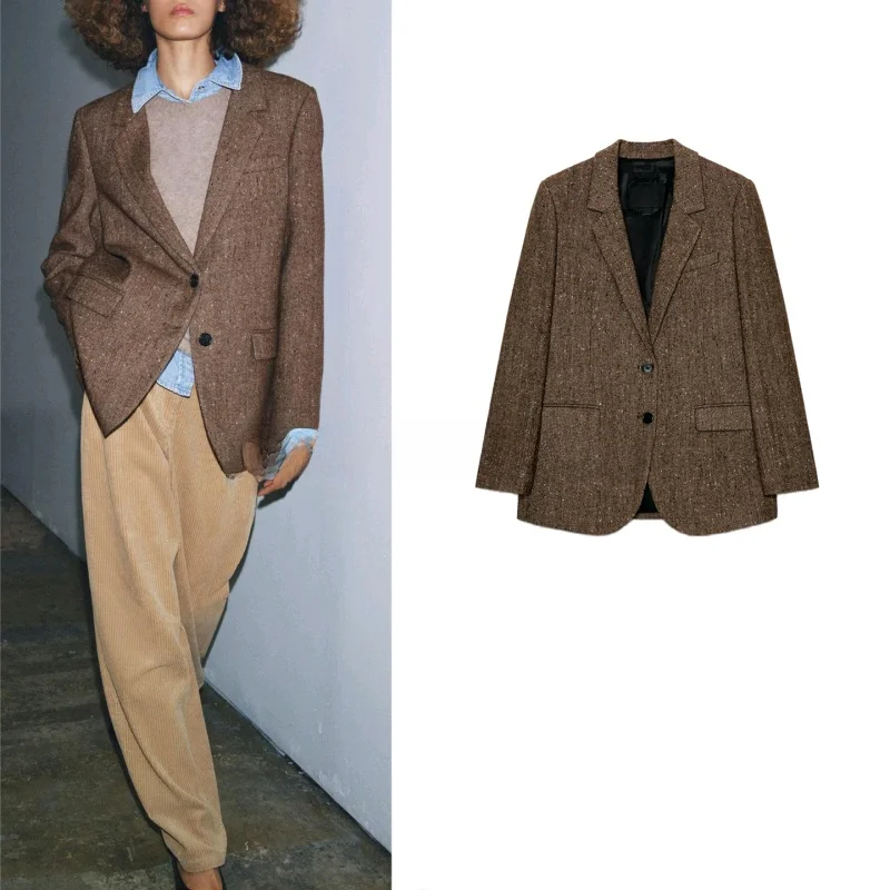 

Новый зимний женский костюм с воротником-стойкой и длинным светом на одной пуговице, костюм в клетку Jaet, свободный крой, полиэстер...