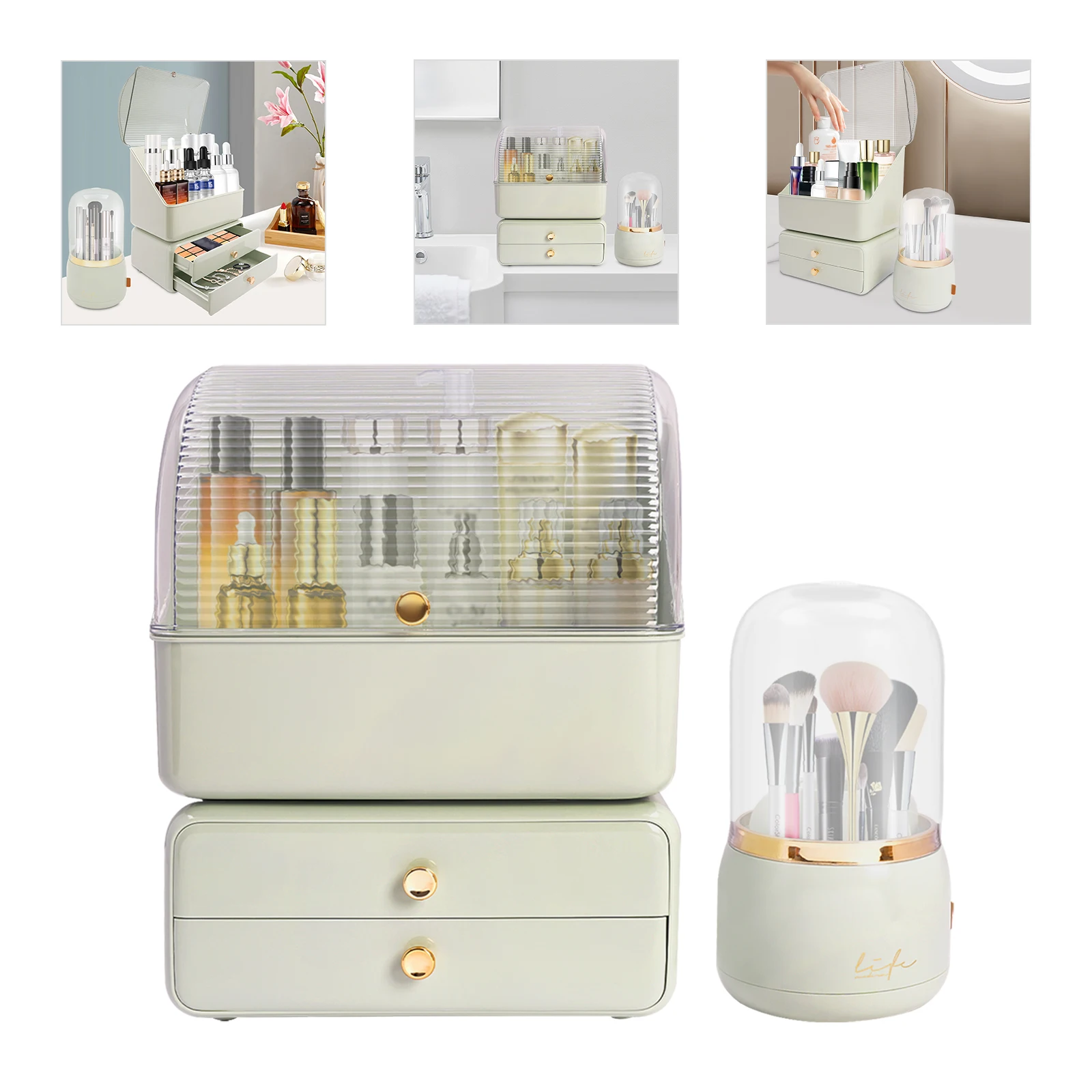 

Makeup Organizer with Brush Holder and 2 Drawers, Space-Saving Design for Cosmetics, Jewelry, Easy Access and Storage