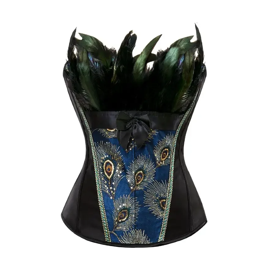 Peacock Feathers Corset Top Embroidery Pattern Brocade Overbust Lingerie Women Sexy Exotic Burlesque Bustier Plus Size
