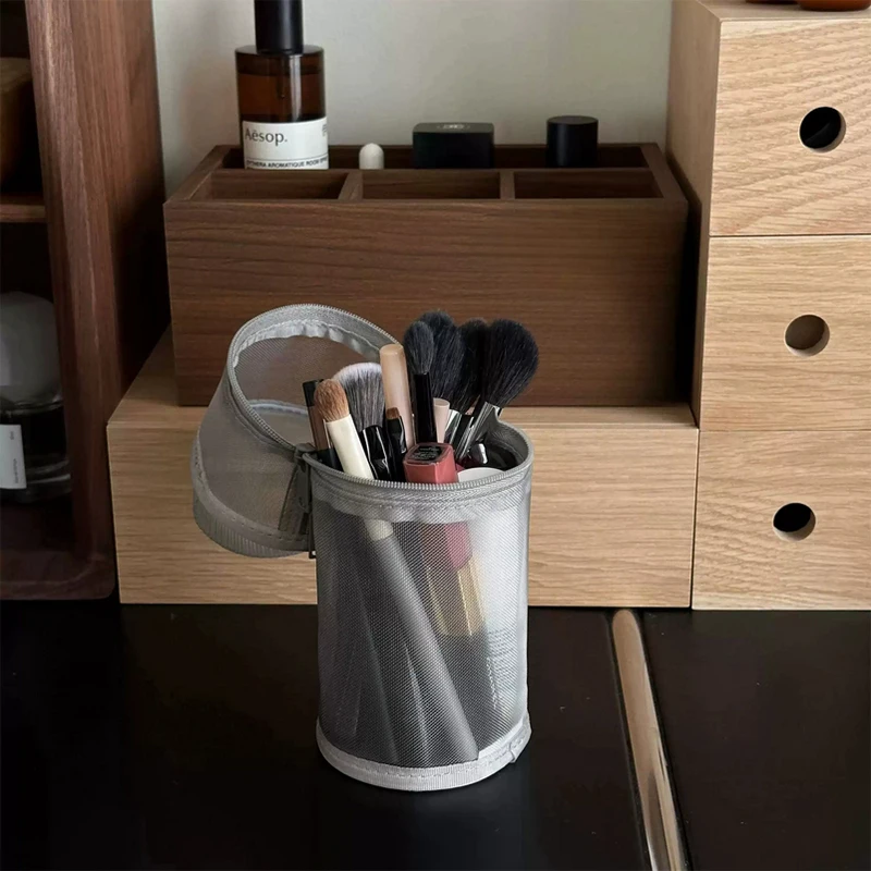 【Mesh Dual-use Makeup Brush Storage Bag Portable Brush Case Large Capacity Brush Bucket Holder Travel Stand-up Pouch】