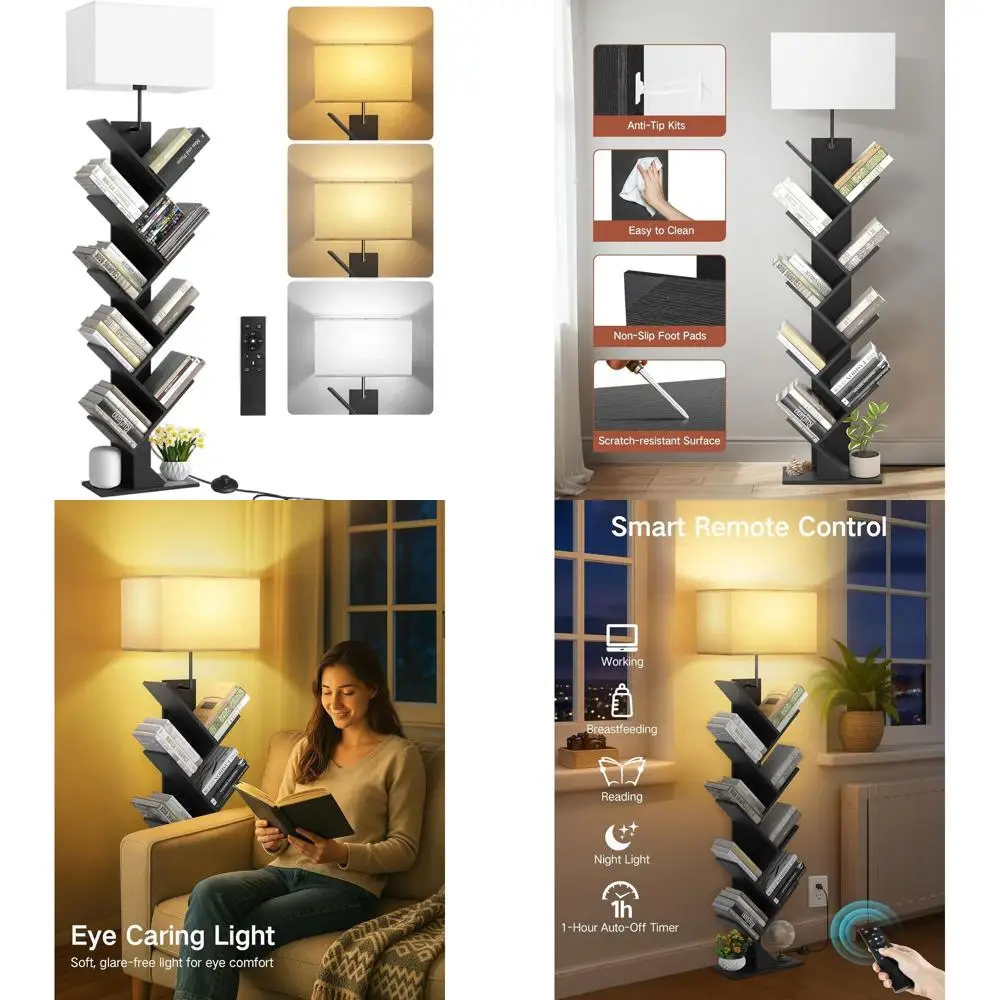 

Dimmable 9-Tier Floor Bookshelf with Light, Remote & Timer, Black Tall Narrow Bookcase for Living Room, Bedroom, Home Office