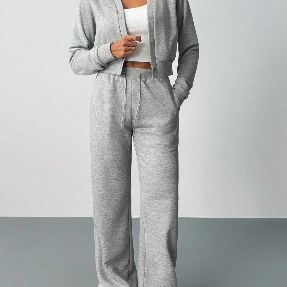 Womens Casual Tracksuit Autumn Winter Long Sleeve Crop Cardigan Jogger Pants Set Solid Color Elegant Leisure Outfits