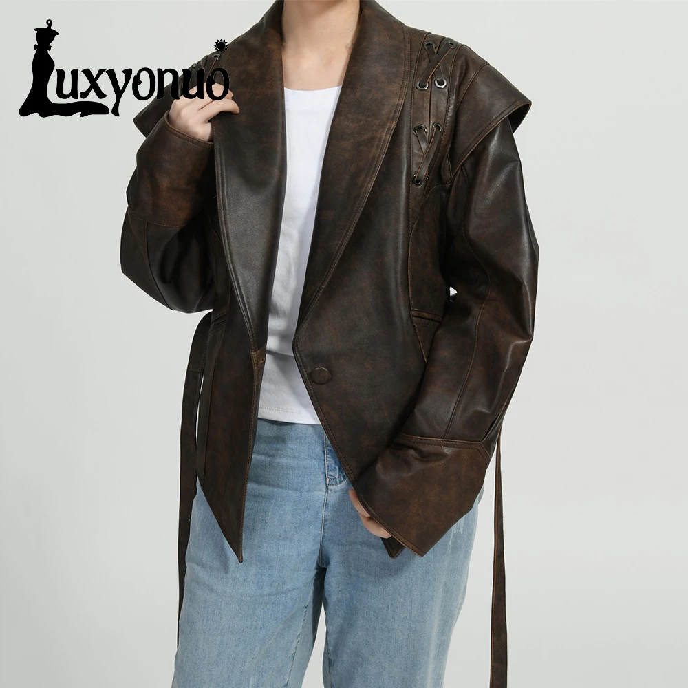 Luxyonuo Women's Leather Jacket 2024 New Arrival Ladies Slim Sheepskin Jacket Spring Fashion Genuine Leather Coat Female Autumn