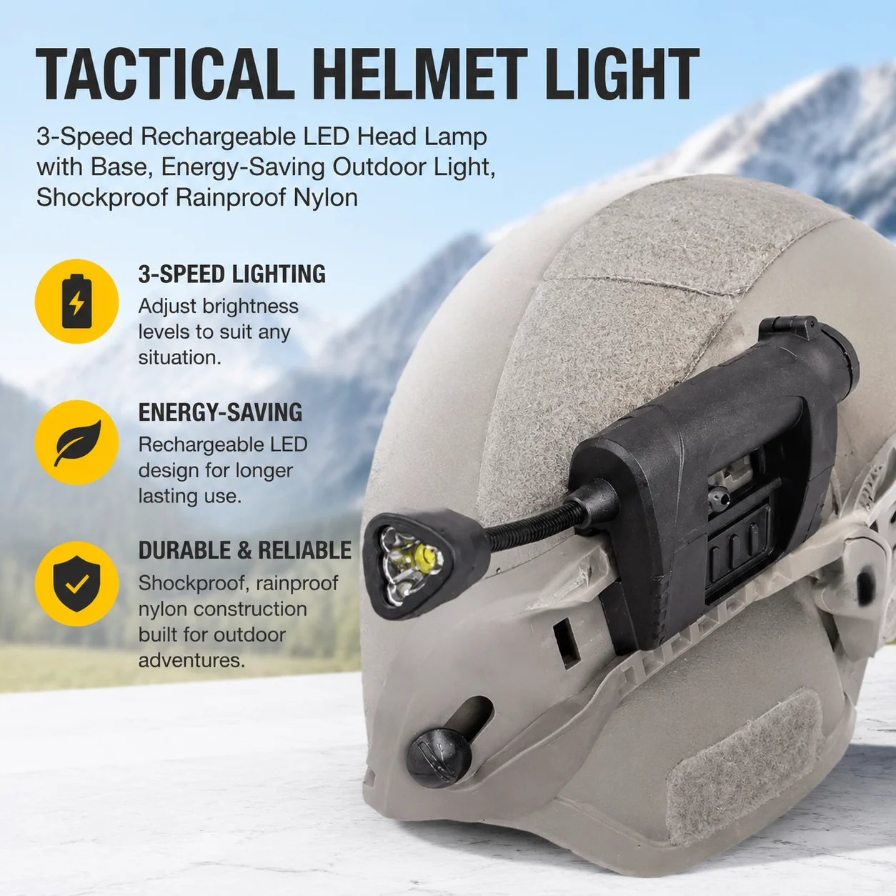 Tactical Helmet Light, 3-Speed Rechargeable LED Head Lamp with Base, Energy-Saving Outdoor Light, Shockproof Rainproof Nylon