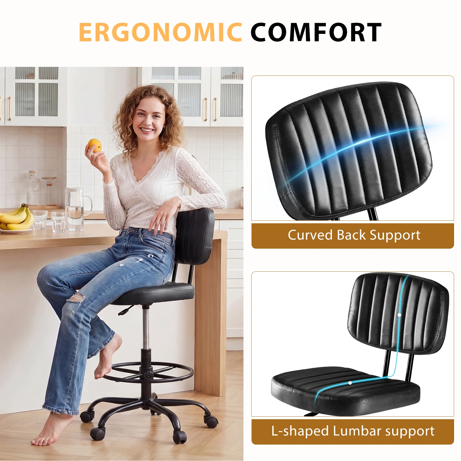 MCQ Ergonomic Armless PU Leather Drafting Office Chair with Swivel Rolling Adjustable Height Gaming Racing Chair For Home Office image 4