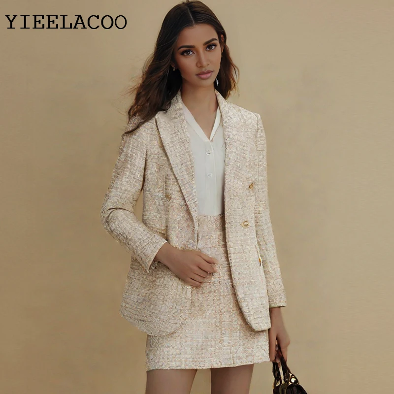 

Khaki Tweed Jacket + skirt suit Professional Sequins fabric spring / autumn women's jacket 2 piece skirt suit(Skirt slit)