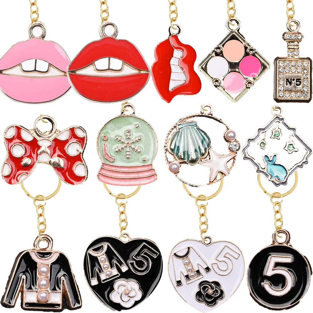 Makeup Lips Bow Keychains Crystal Ball Keyrings White Black Cloth Purfume Key Chains Hearts Cactus Key Rings Women Gifts