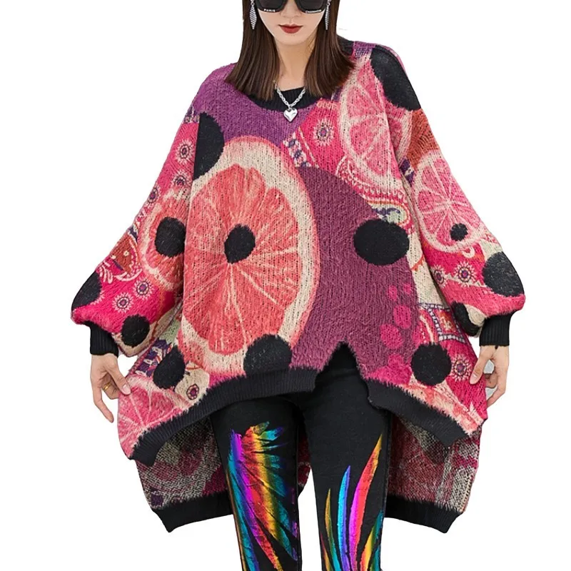 Color Printed Round Neck Long Sleeved Irregular Front Short Back Long Knitted Pullover Sweater Women 2024 Autumn Winter LX1714