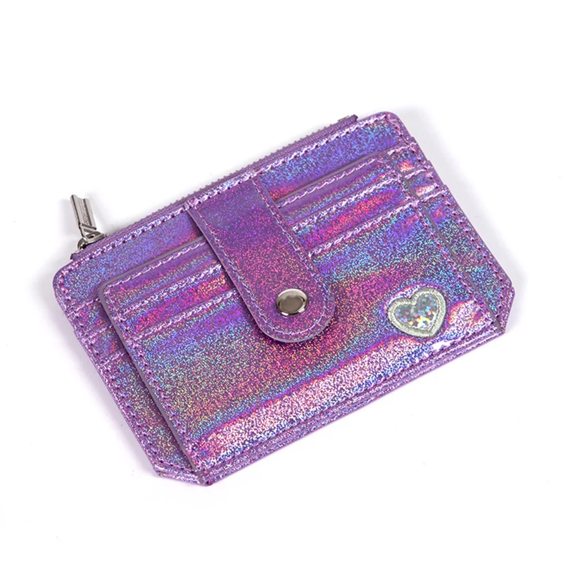 Porte-cartes à sequins avec boucle zippée pour femme, mini portefeuille, couleur cristal, ultra-mince, mignon, amour, aviation, mode, zéro hectare