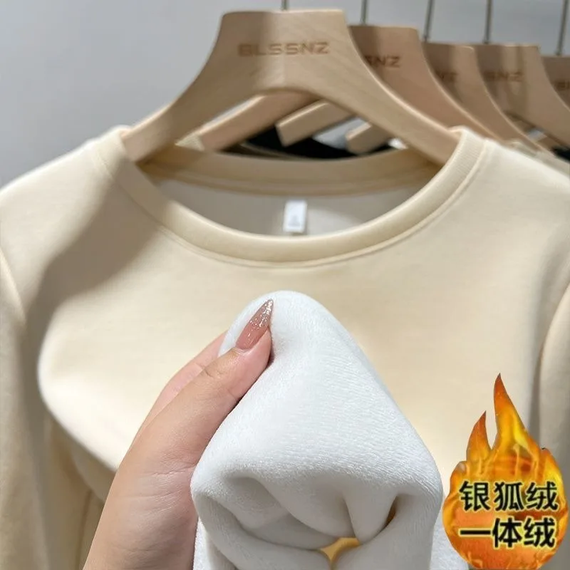 Minimalist Women Autumn Winter Fleece Lined Long Sleeve Top Thick Warm Basic Inner Chic Tee