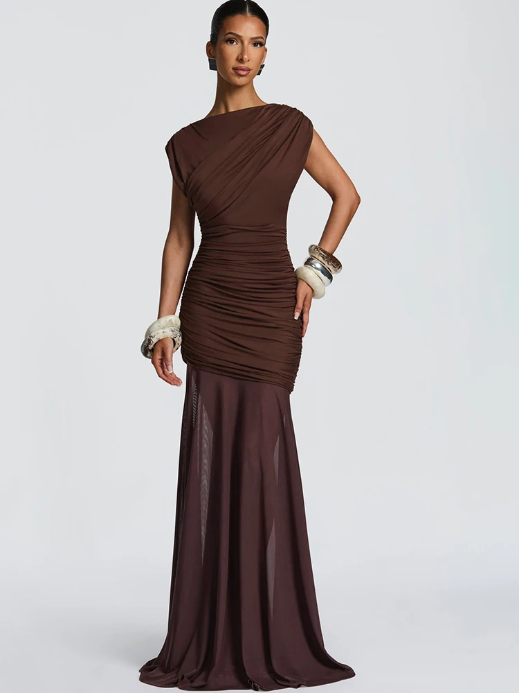 JULISSA MO Patchwork Sexy Sleeveless Ruched Mesh Women Maxi Dress Coffee Round Neck See Through Slim Elegant Party Evening Dress