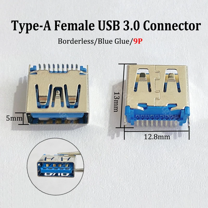 USB 3.0 Type-A Female Socket 9Pin Borderless Blue Glue SMD Connector PCB Welding USB A Socket Port Replacement Repair Parts