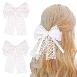 ncmama 1Pcs White Lace Pearl Hair Bow Large Bowknote Hair Clips for Women Girl Solid Chiffon Barrettes Headwear Hair Accessories