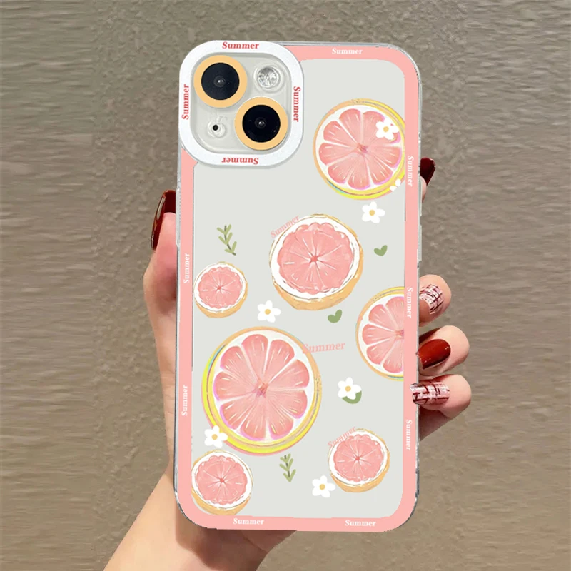 Korean Cute Watermelon Phone Case for iPhone 16 14 15 Pro Max Plus 11 12 13 Mini XR XS X 7 8 Plus SE 2020 Shockproof Clear Cover