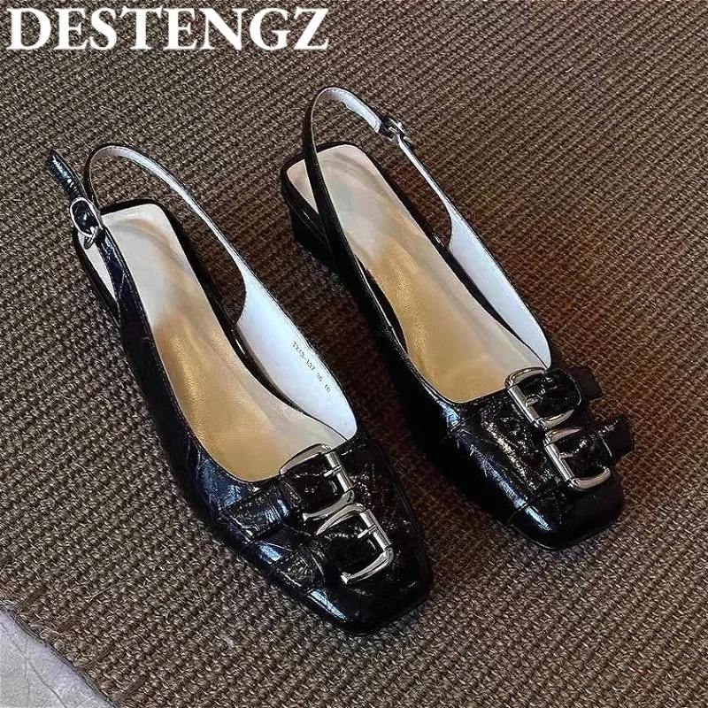 

Women Designer Heeled Sandals Elegant Square Toe Shoes Slingback Summer 2025 Fad Pumps Dress Party Chunky Sandalias Mujer Buckle