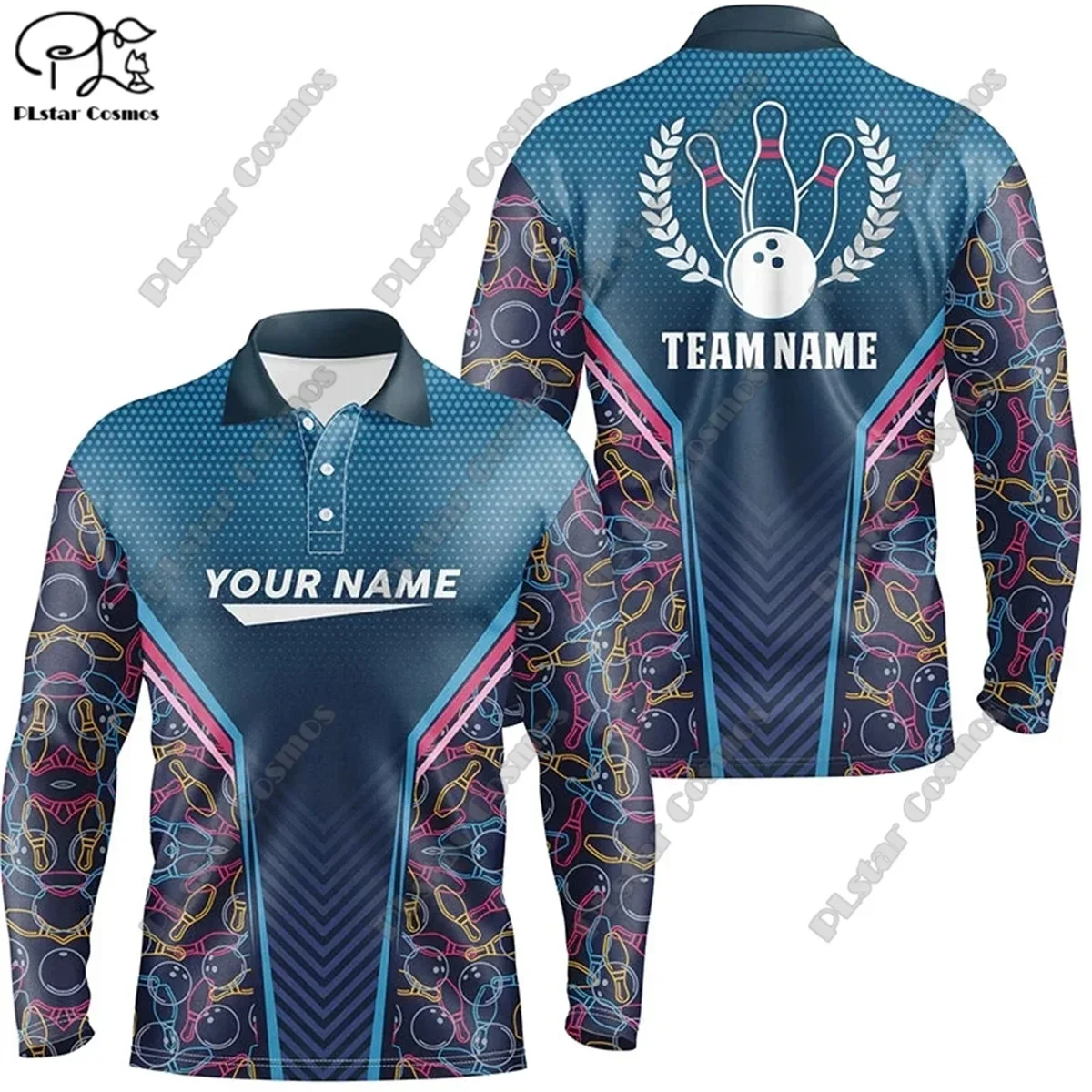 PLstar Cosmos new personalized bowling team 3D printed bowling pattern long-sleeved POLO shirt unisex team sports series X-7