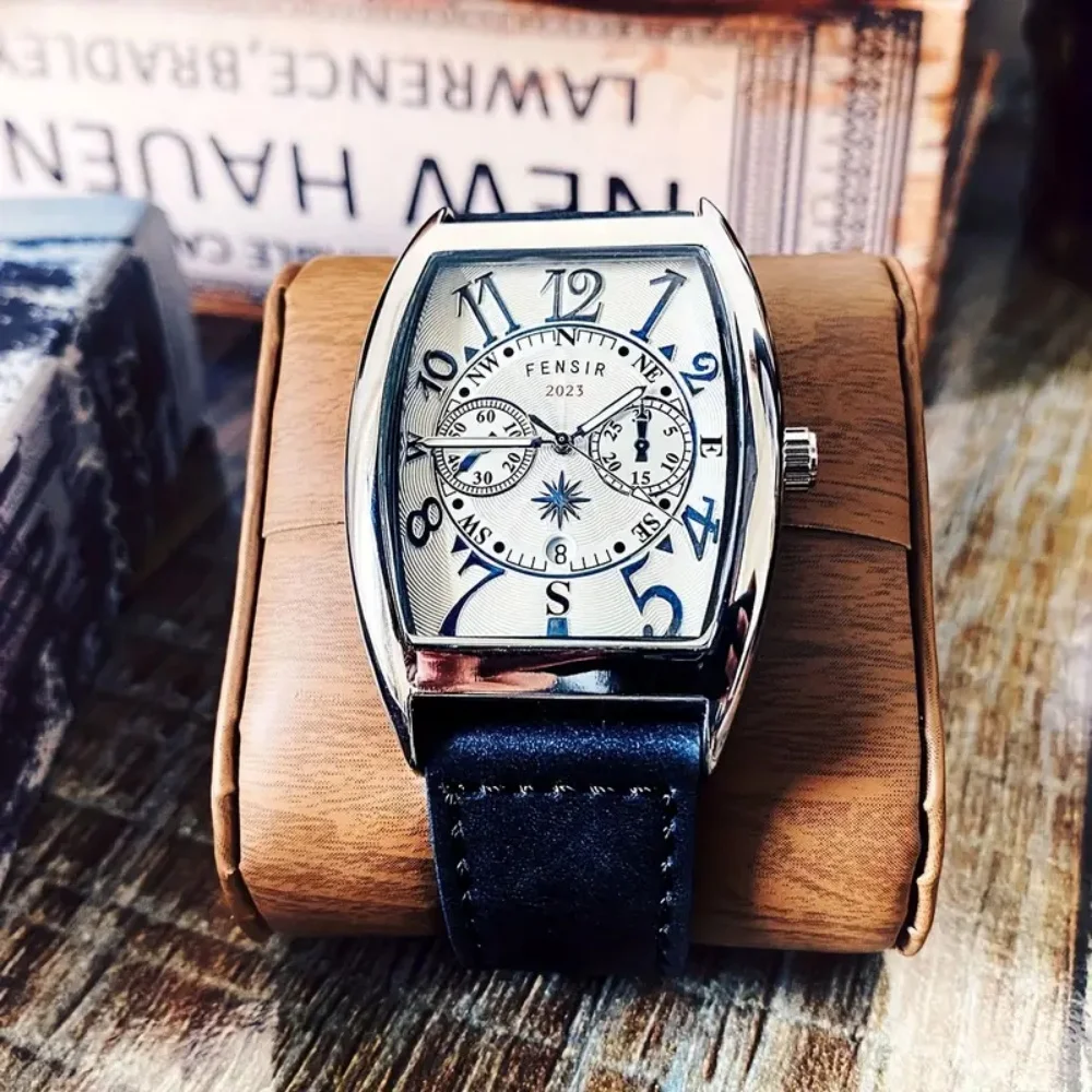 New High-End, Light Luxury, and Elegant Men's Quartz Watch, Barrel-Shaped Design - with Date Display, Leather Strap - Fashionable Accessory, Exquisite Gift, European, American, Japanese, and Korean Style, the Best Gift for Him