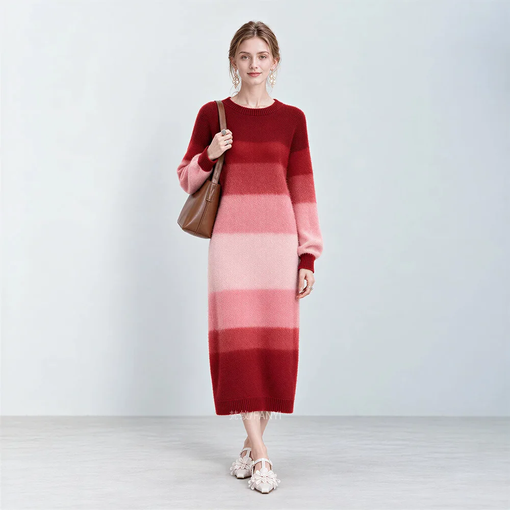 New Women Elegant Daily Gradient color Knitted Dress Autumn Winter Fashion O-Neck Long Sleeve Loose Waist Sweater Dress