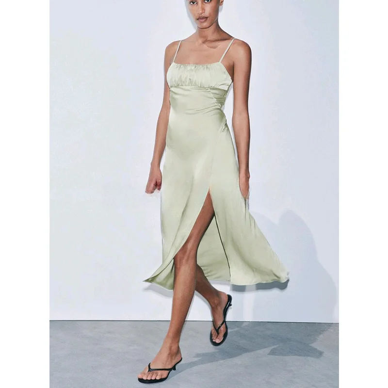 Ele High Waist Silk Satin Gown with Pleated Straight Ne Design Summer Long Svel Dr for Women