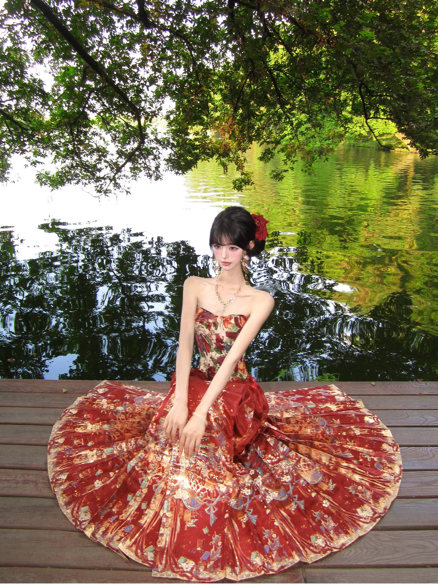 

Red Chinese Style Women's Hanfu Skirt And Top Two-Piece Set Summer Fishbone Bralette Half-length Skirt Traditional Ethnic Fas...