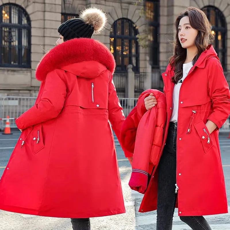 Winter Women\'s Parka Big Fur Collar Detachable Double Thick Lining Slim Waist 2022 New Jacket Mid long Casual Cotton Padded Coat