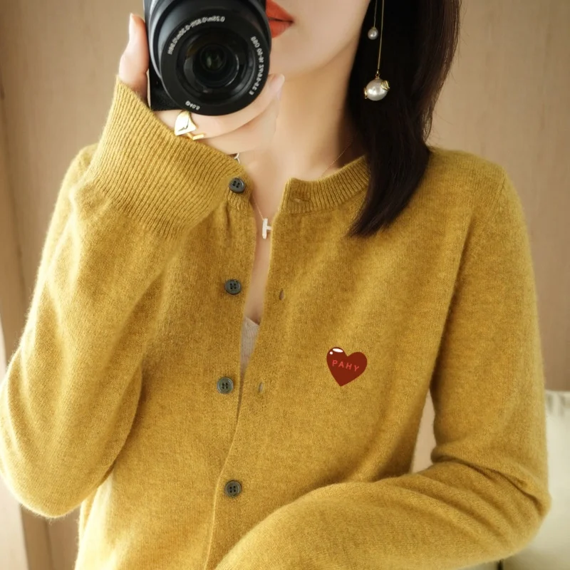 Suéteres de lana de Merino puro para mujer, cárdigan de punto de manga larga con cuello redondo, Tops de ropa, 100%