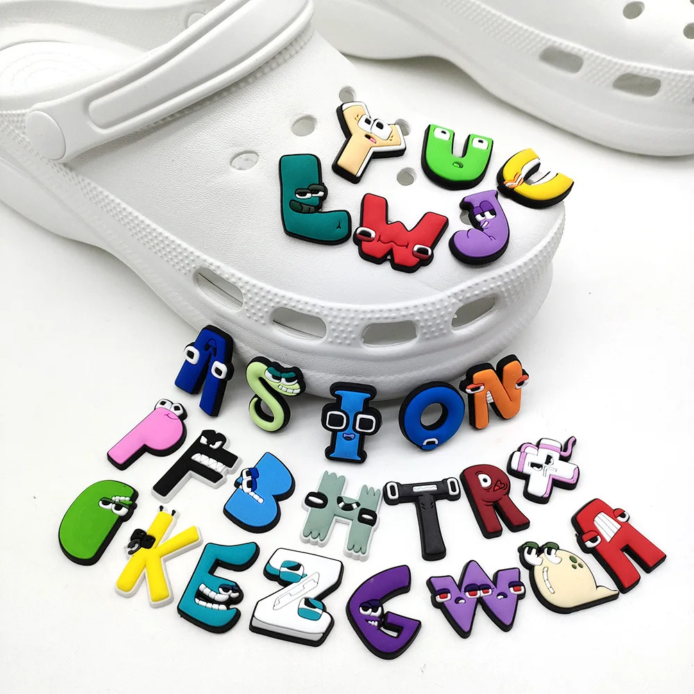 26Pcs Cartoon letters Shoe Charms PVC Letter design Shoe Decorations DIY Custom Name Clog Sandal Accessories croc decor