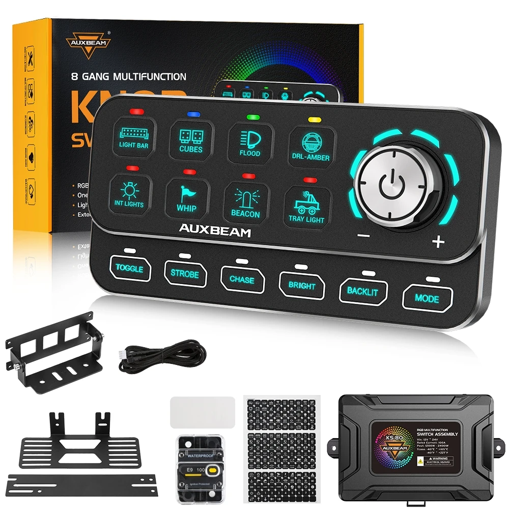 AUXBEAM KS-80 RGB SWITCH PANEL，KNOB Control LIGHT DIMMING, DYNAMIC CHASE, 4 Light Modes, Multifunctional Lighting Control Center