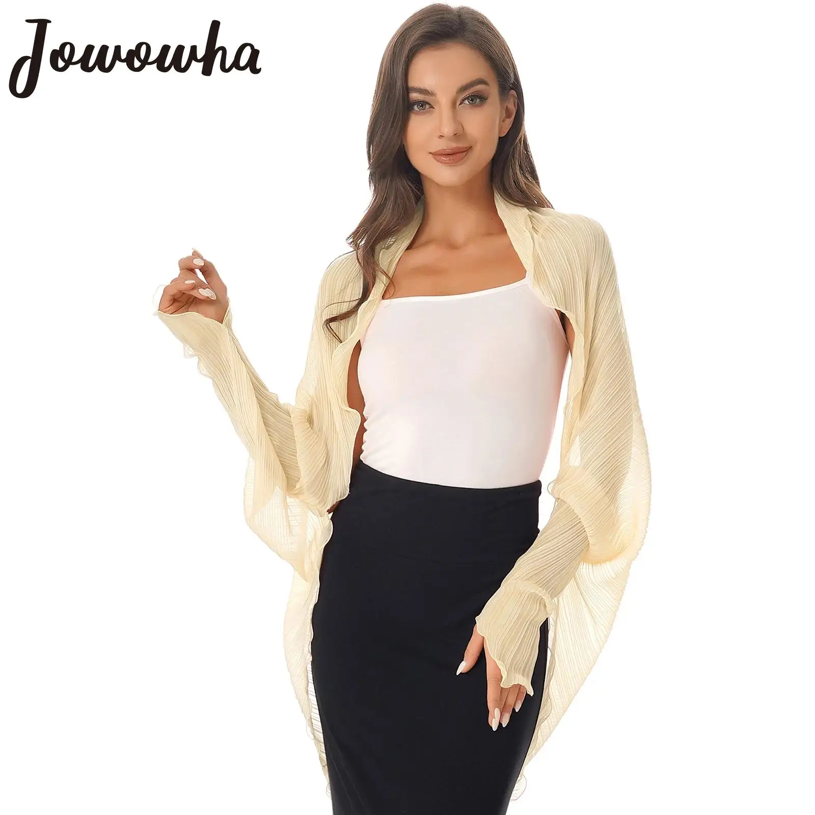 

Women Casual Chiffon Bolero Shrug Cardigan Long Sleeve Sun Protection Tops Open Front Pleated Bridal Shawl Wraps Beach Cover Ups