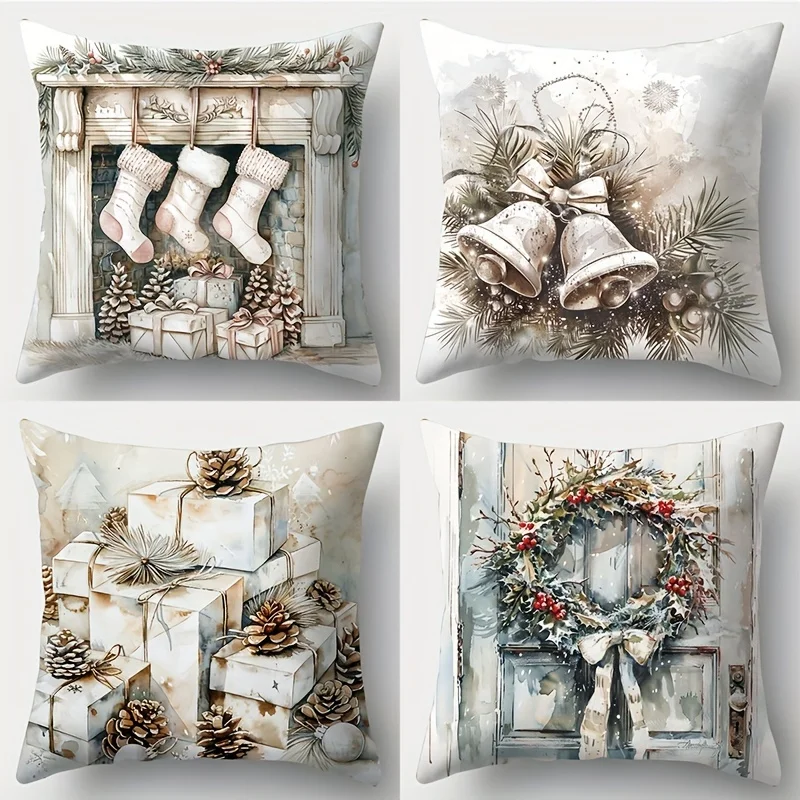 Four-Piece Holiday Decor Pillow Set: Festive Christmas Stockings, Bells, and Wreath Accents for Seasonal Home Styling