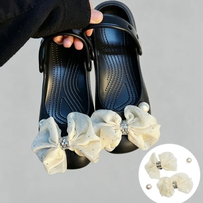 Sparkly Bowkont and Rhinestone Flower DIY Shoe Accessories Women Summer Pearl Buckle Shoes Accessories Clogs Sandals Charms Set