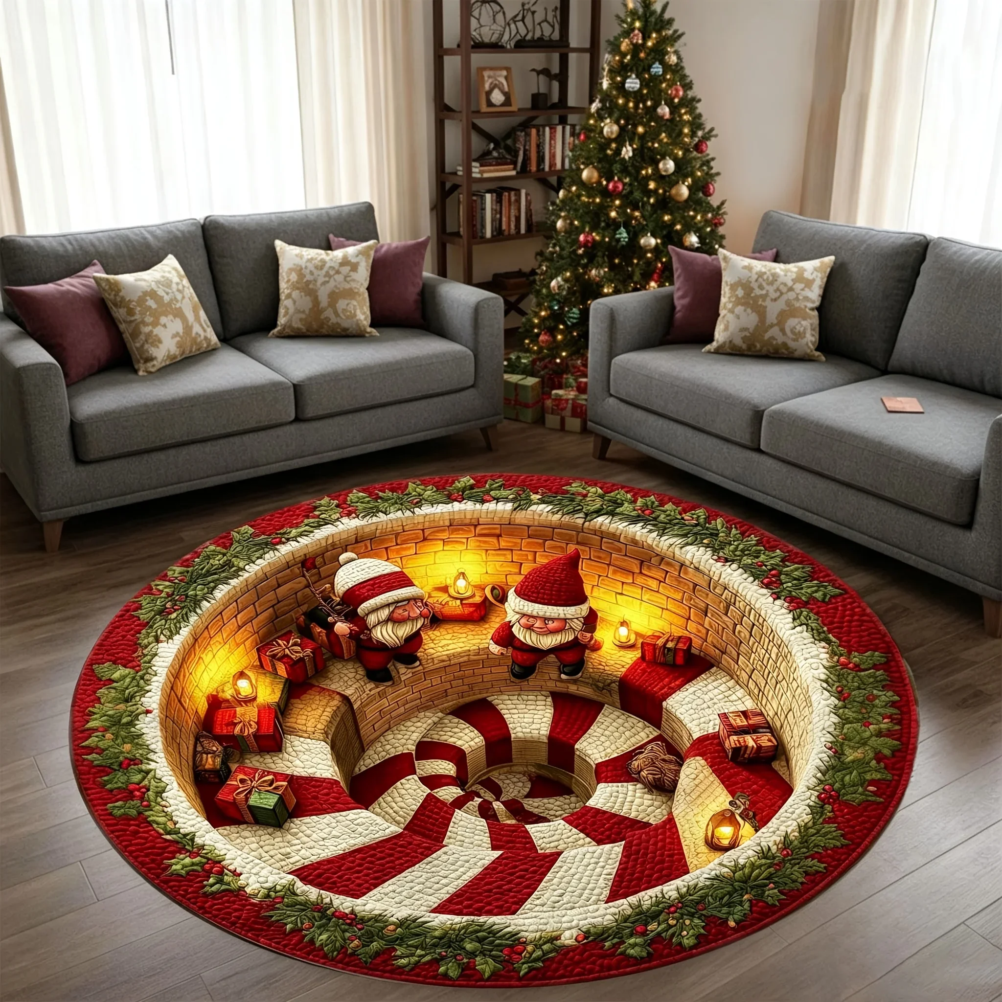 Ice Hole Winter Area Rug Round Christmas Carpet Festive Home Decor Santa Sleigh Reindeer Floor Mat Living Room Sofa Side