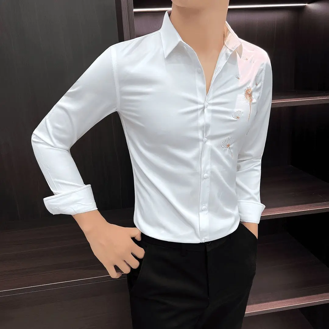 Spring Summer Men's Slim Fit Long Sleeve Embroidered Shirt Edgy Stylish Business Casual Versatile Top