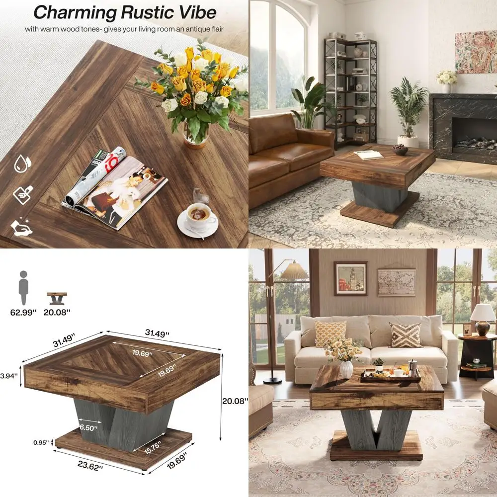 طاولة قهوة مربعة حديثة باللونين البني والأسود، مرتفعة 31.5، طاولة مركزية خشبية لغرفة المعيشة، لهجة شاي كوكتيل معاصرة