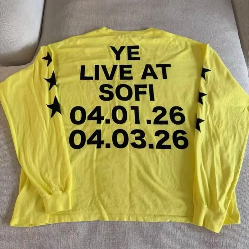 26ss Yellow Oversize Kanye Bully Round Neck Tshirt Cotton YE LIVE Pentagram Long Sleeve Men Women Hiphop Street Outfit Men Women