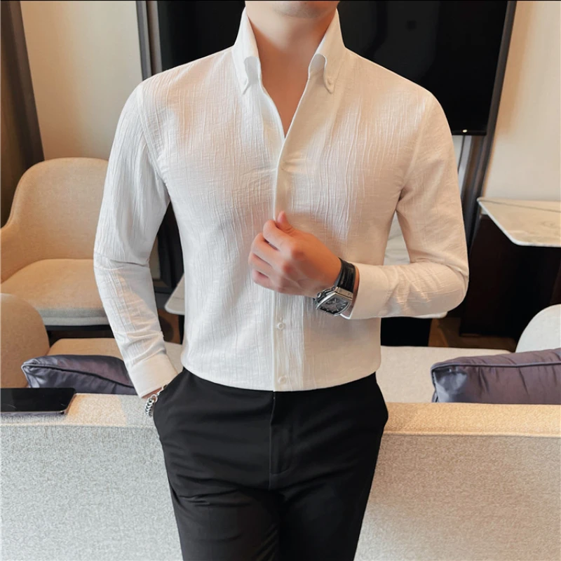 Camisa de manga larga de estilo británico para hombre, ropa ajustada con cuello en V, elegante e informal, de alta calidad, para negocios y actos sociales, M-4xl