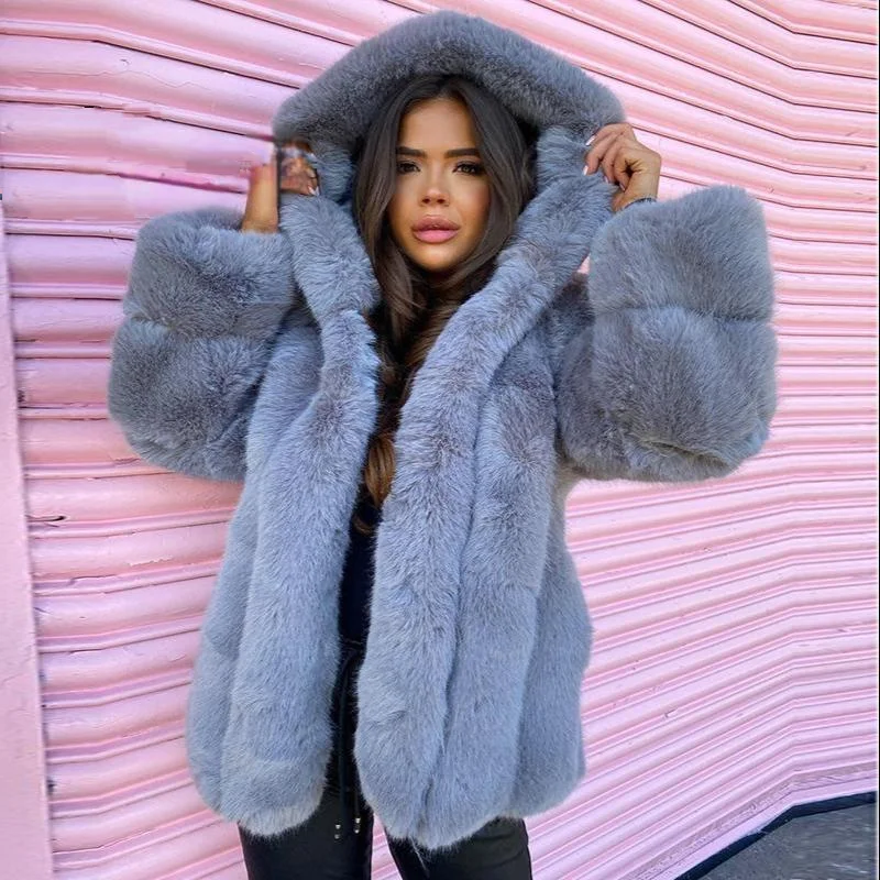 Fluffy Hooded Faux Fox Fur Patchwork Faux Fur Coat Women Winter Thick Warm Long Sleeve Fur Jacket Coats Medium Long for Female