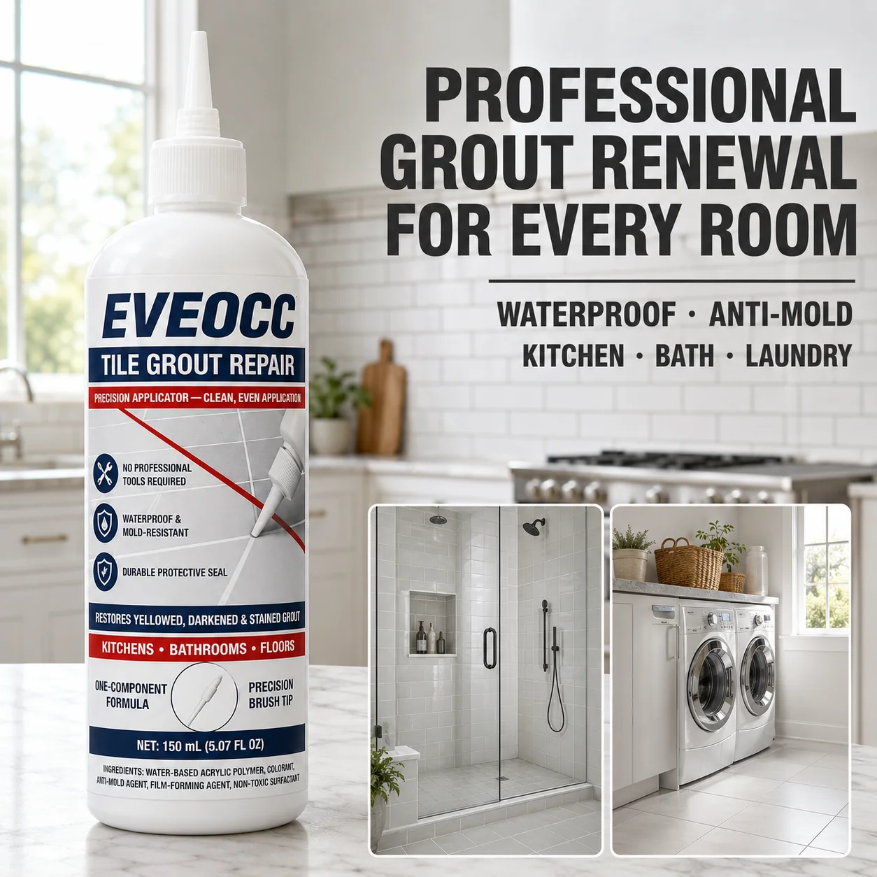 Tile Grout Repair Cream with Precision Applicator, Restore Yellowed Darkened Grout, Waterproof Anti-Mold Sealant 150ml