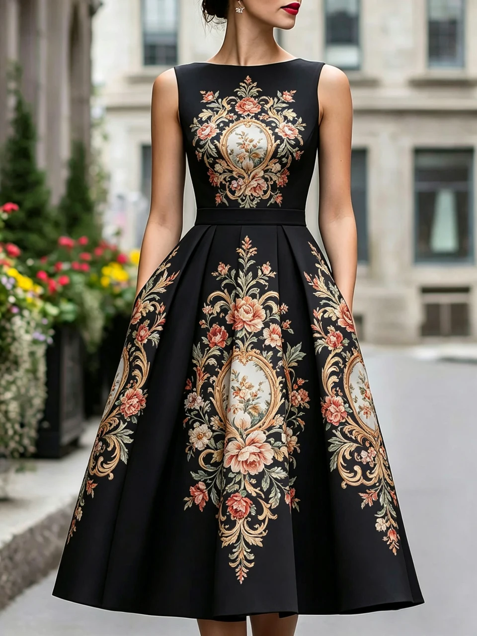 

Fashion Vintage Black Ornate Floral Print Sleeveless Midi Dress Women High Waist A-Line O Neck Wedding Guest Cocktail Vestidos