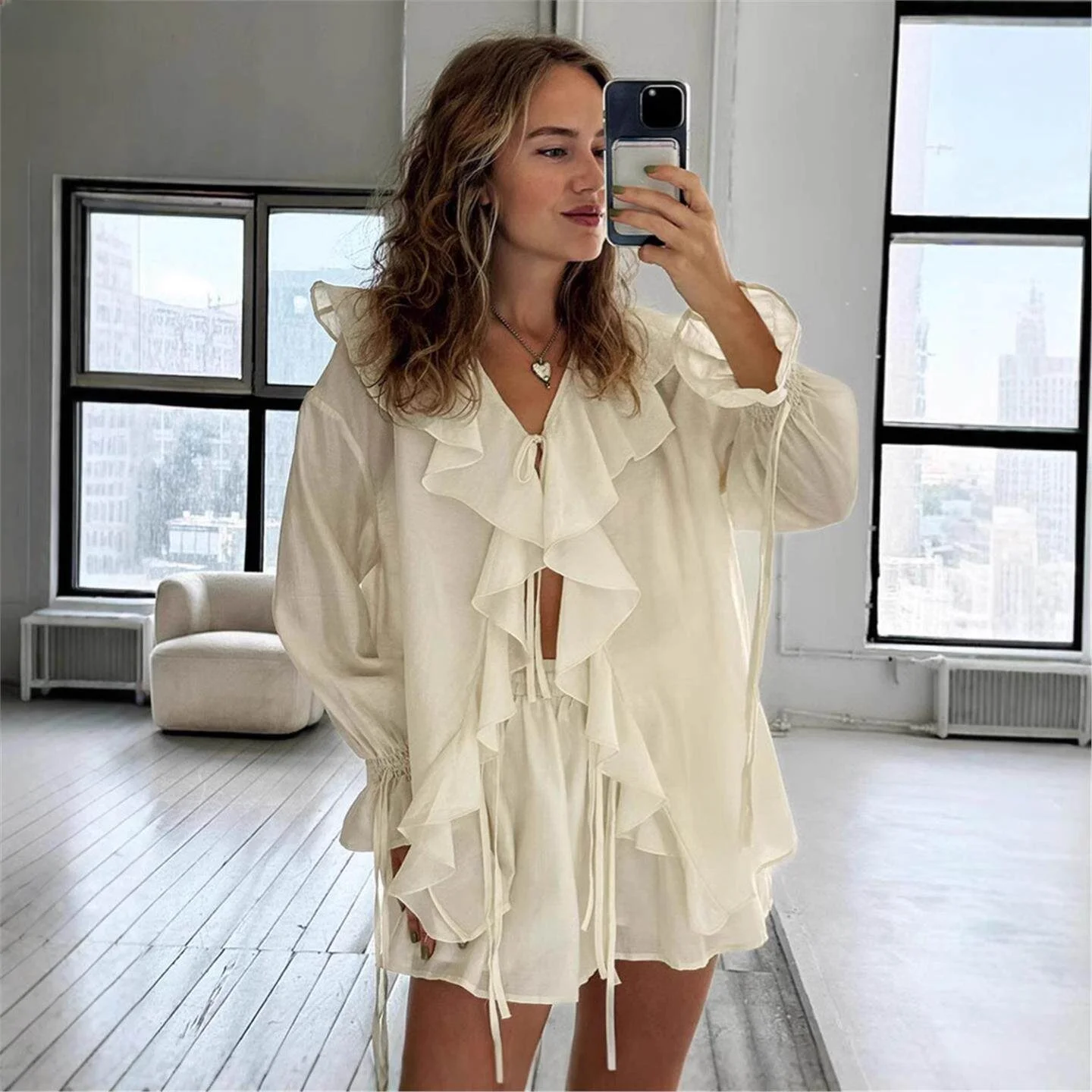 

Spring Summer New Style Women's Casual Shorts Set with Pockets Lace Trim Belted Three Piece Fashionable Ladies' Ensemble