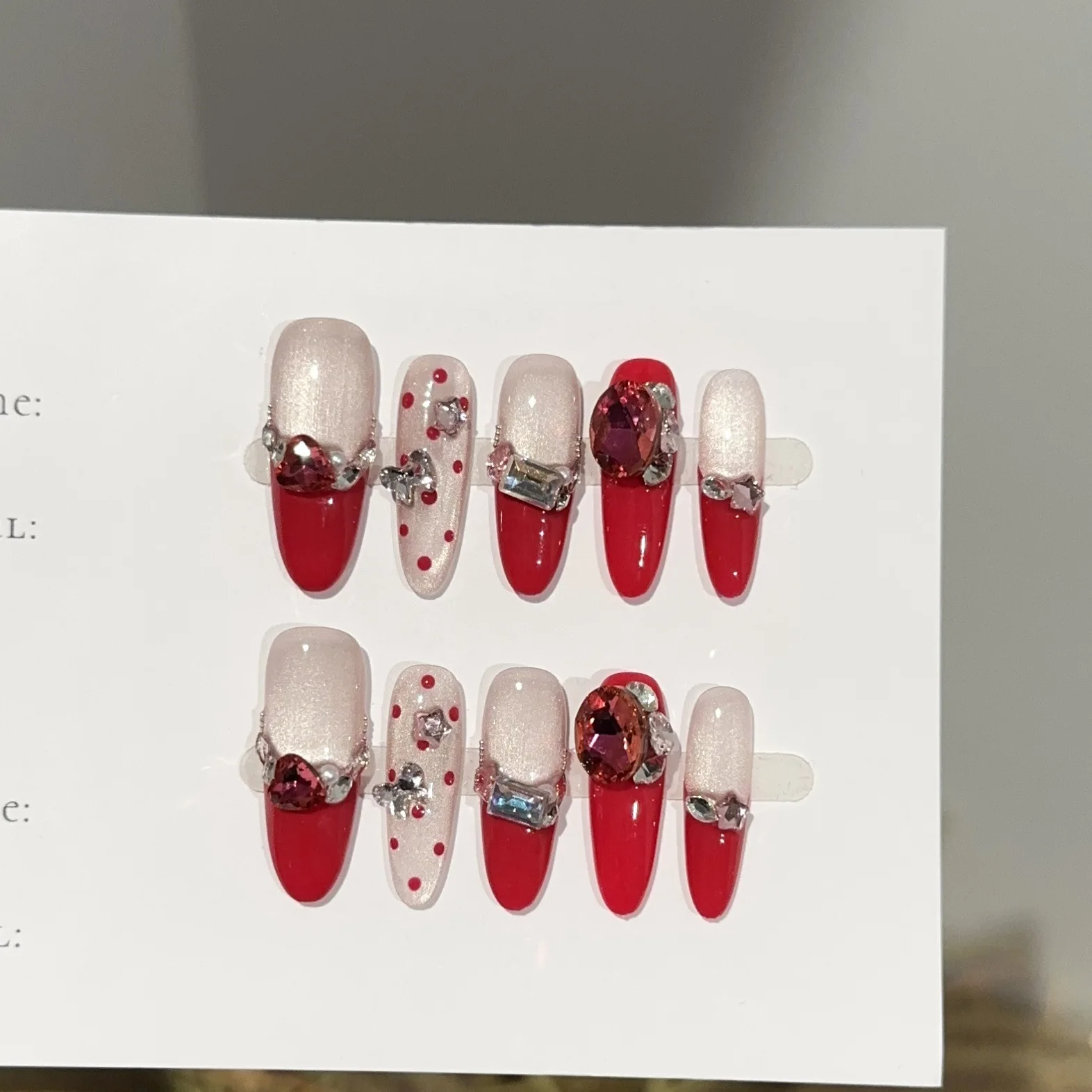 10個入り クリスマスつけ爪 フレンチローズ キャッツアイ プレスオンネイル シャイニーパール スノーフレーク ラインストーンデザイン フェイクネイル クリスマスパーティー用
