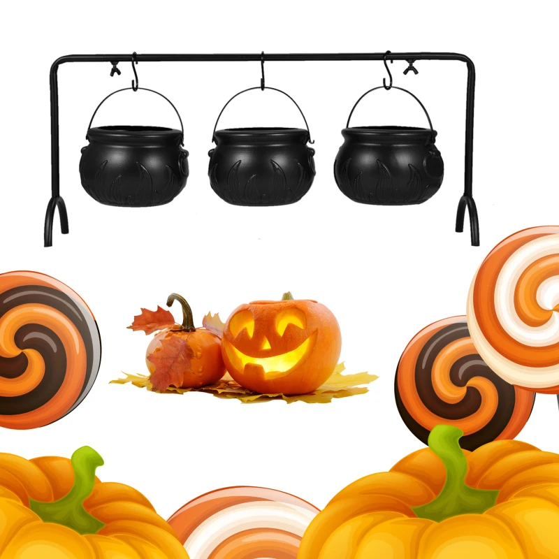 Halloween Candy Bowl Decorations, Set of 3 Black Plastic Cauldron Bowls with Iron Rack, Halloween Party Decorations Candy Bucket