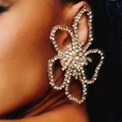 Unique Crystal Geometric Flower Shape Stud Drop Earrings Bride Wedding Jewelry Rhinestone Big Curved Dangle Earrings