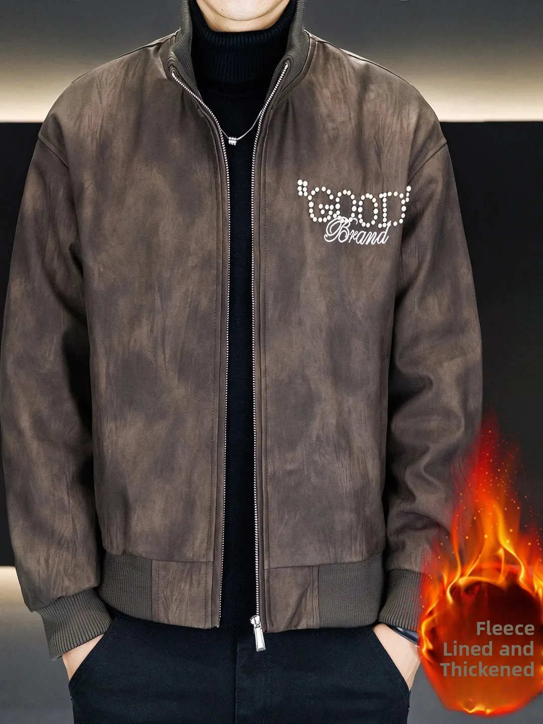 

Мужская модная кожаная куртка с воротником-стойкой на подкладке, осенне-зимняя теплая верхняя одежда высокого класса, повседневная одежда на молнии...