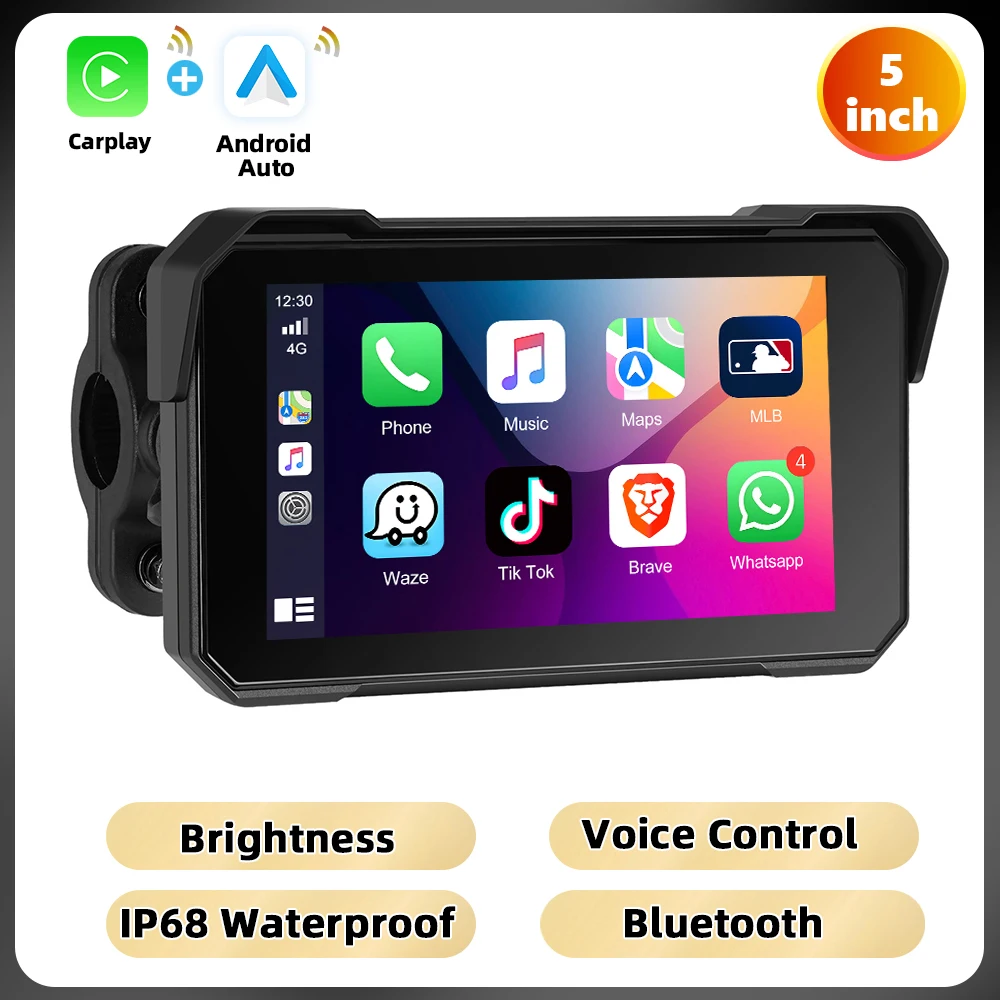 Podofo 5 ''IPS Scherm Motorfiets Carplay Android Auto Helderheid Aanpassing IP68 Waterdichte Bluetooth 5.0 Smart Screen Speler