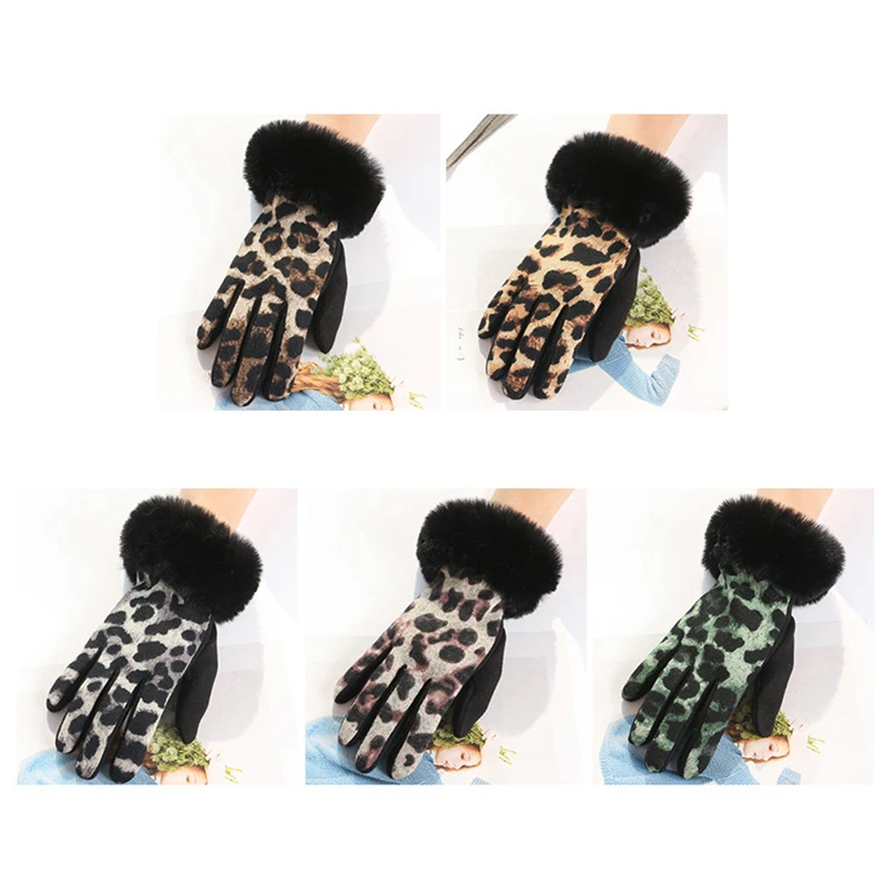 แฟชั่น Leopard พิมพ์ถุงมือ Lady Plush นาฬิกาข้อมือผู้หญิงฤดูหนาว Touch Screen Thicken Warm Mittens นักเรียนขี่จักรยาน G105